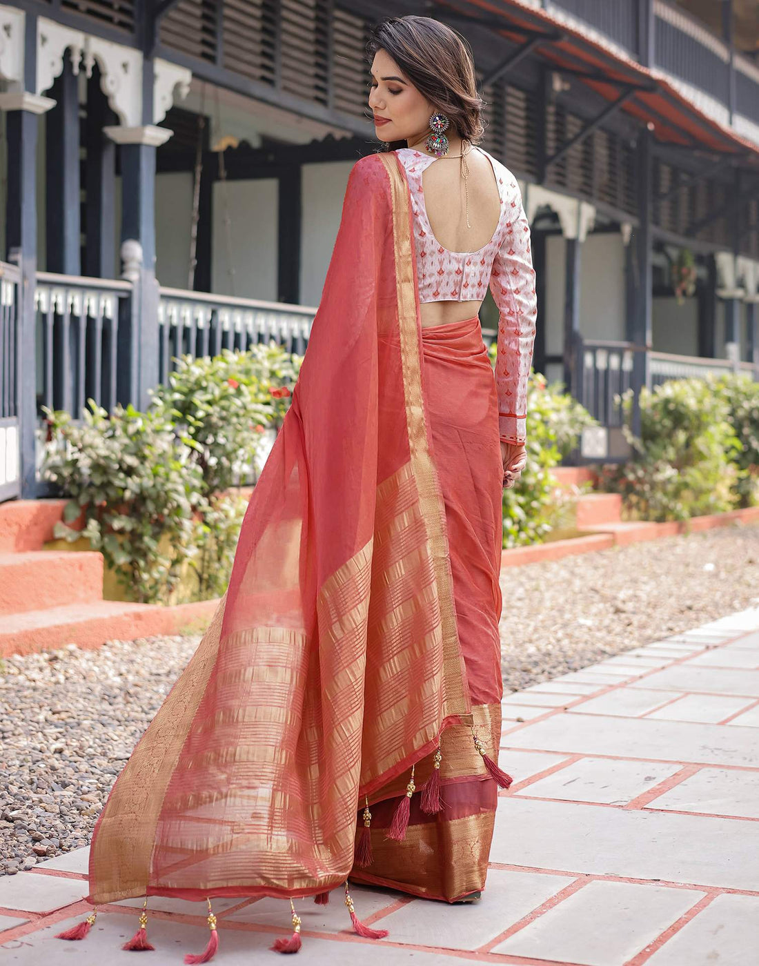 Orange Chiffon Woven Solid Saree