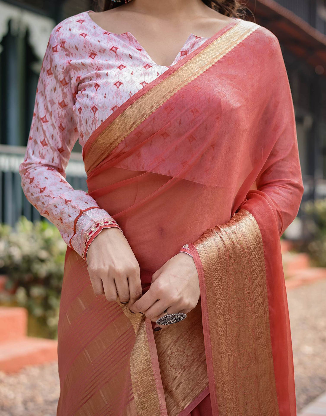 Orange Chiffon Woven Solid Saree