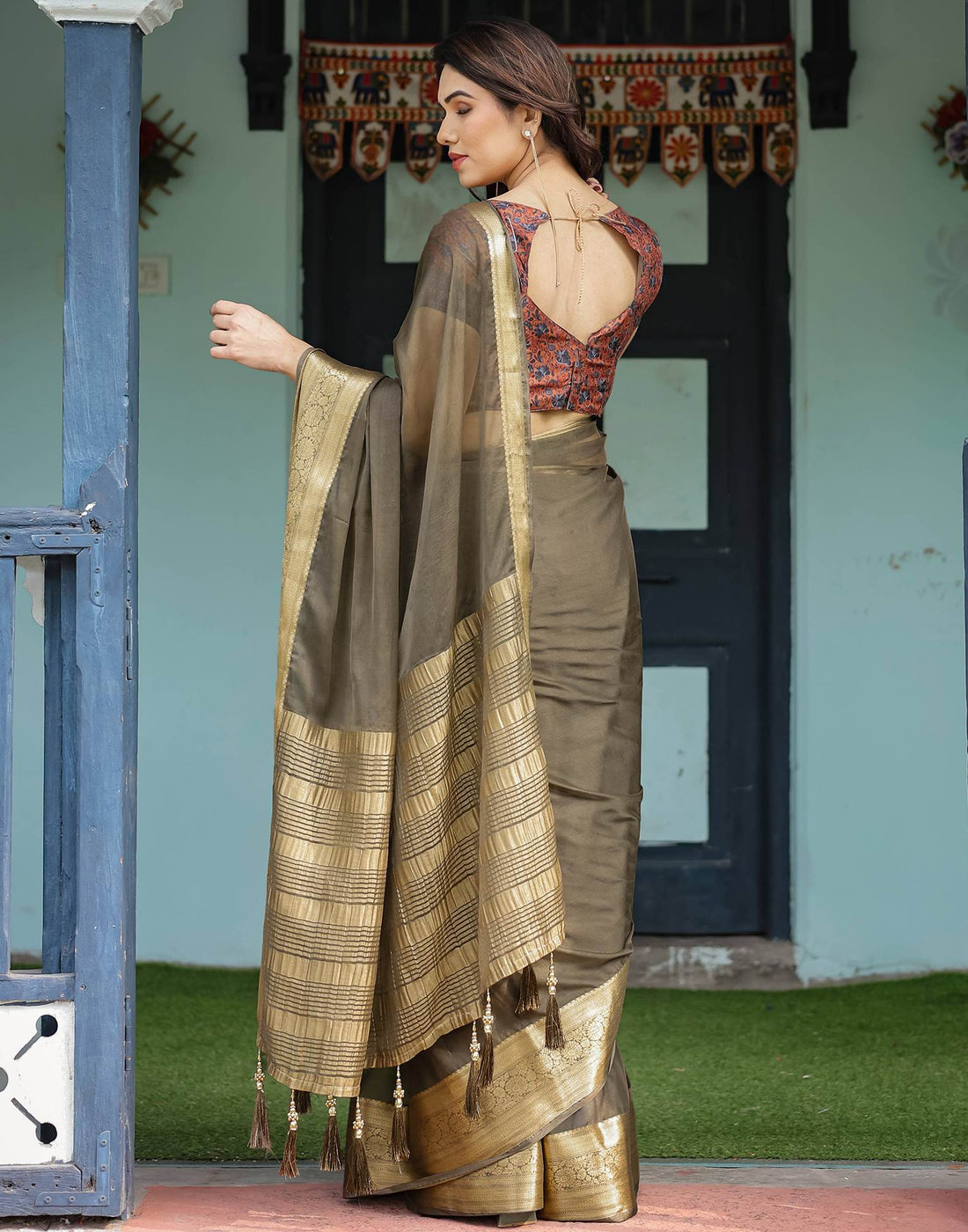 Olive Green Chiffon Woven Solid Saree