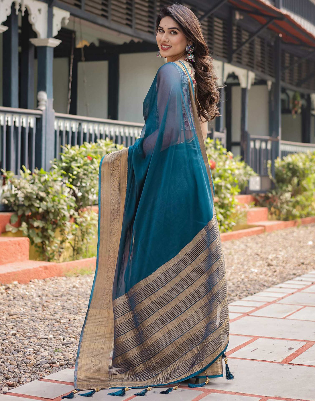 Rama Blue Chiffon Woven Solid Saree