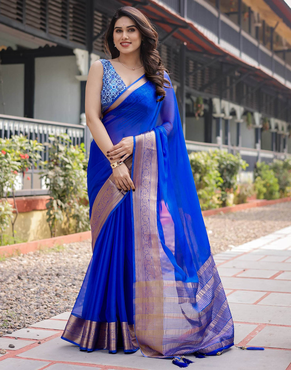 Dark Blue Chiffon Woven Solid Saree
