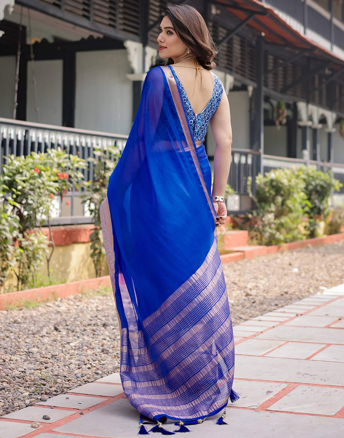 Dark Blue Chiffon Woven Solid Saree