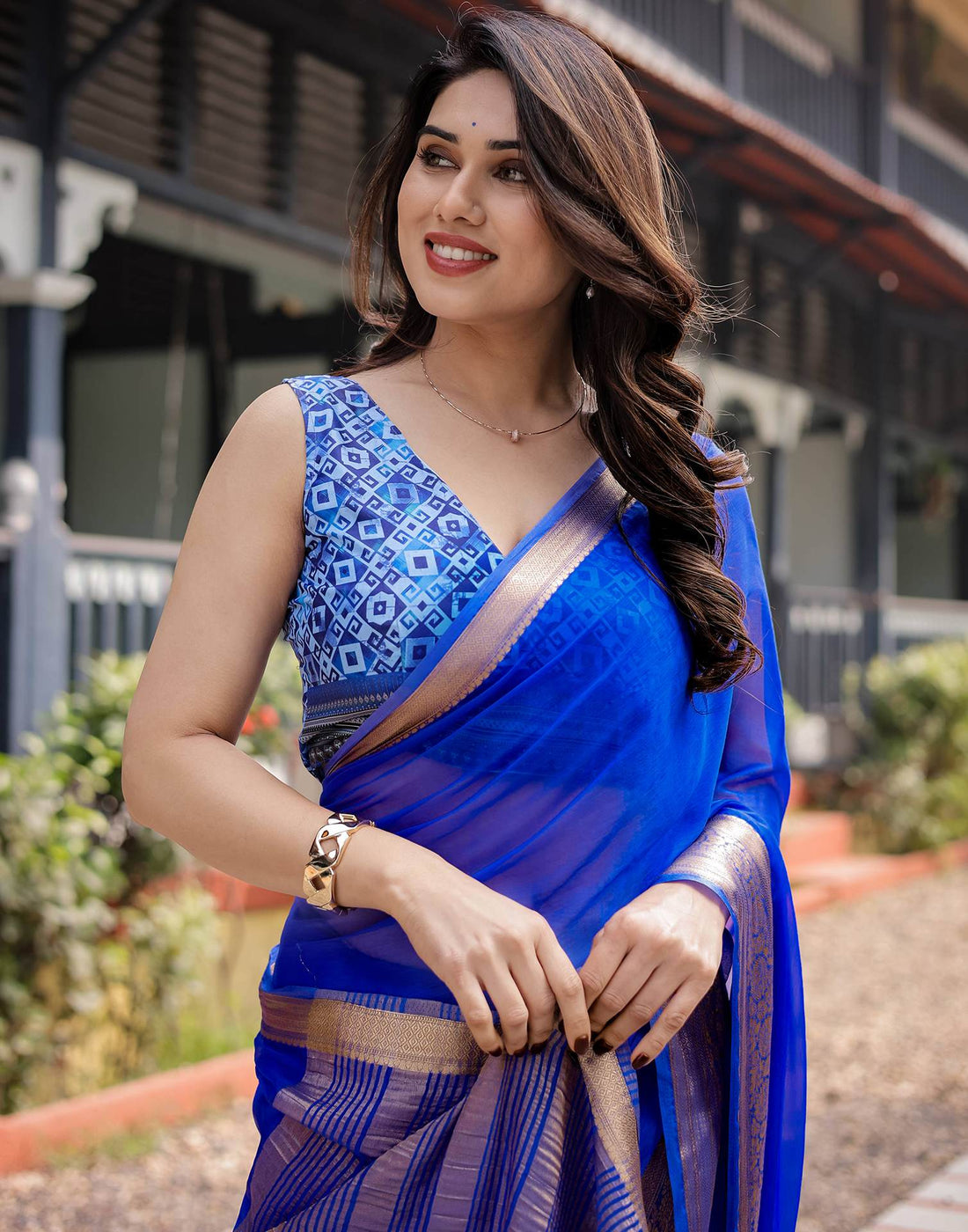 Dark Blue Chiffon Woven Solid Saree