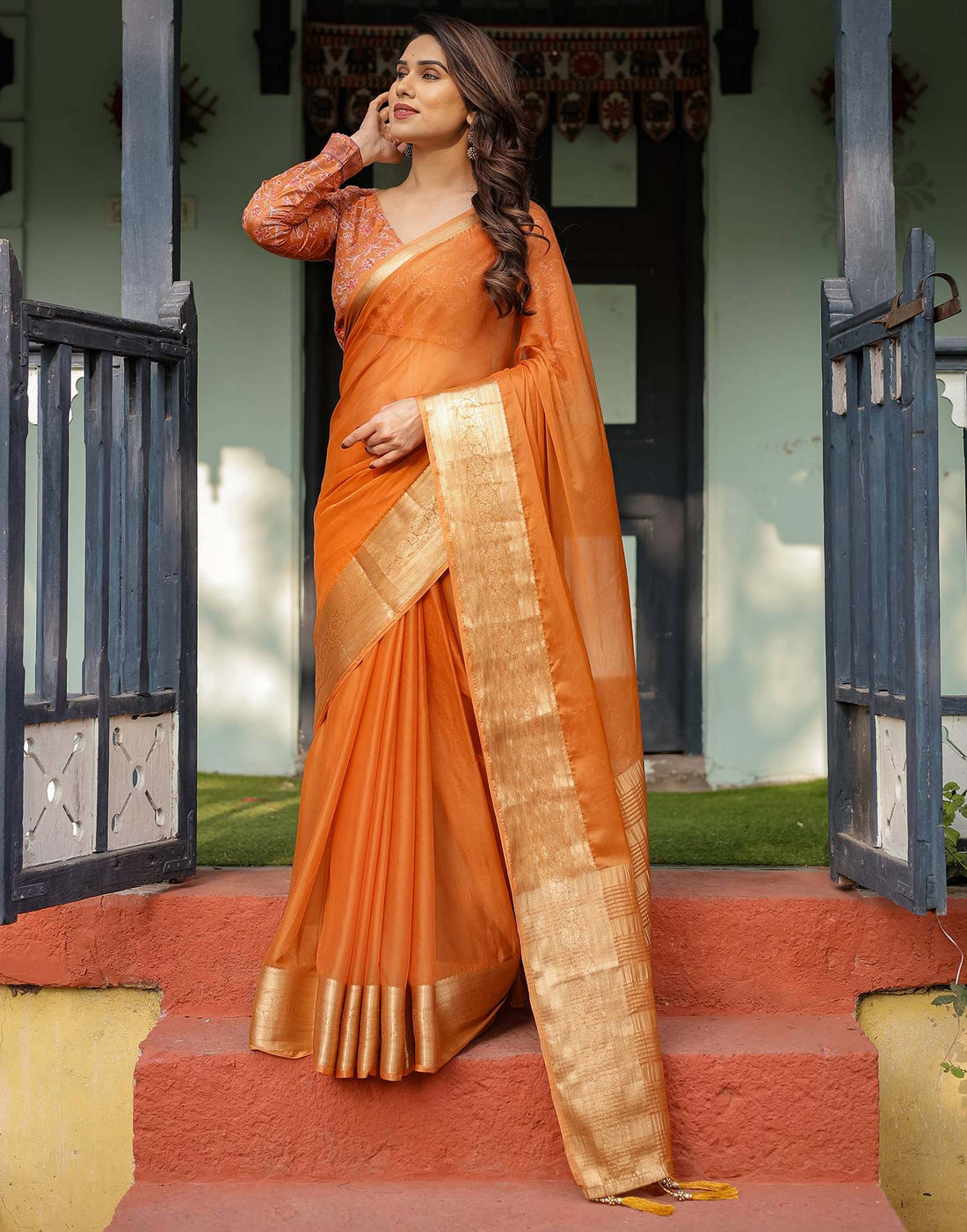Dark Orange Chiffon Woven Solid Saree