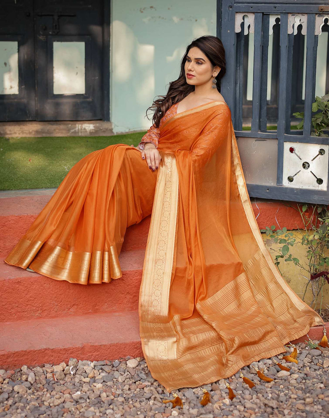 Dark Orange Chiffon Woven Solid Saree