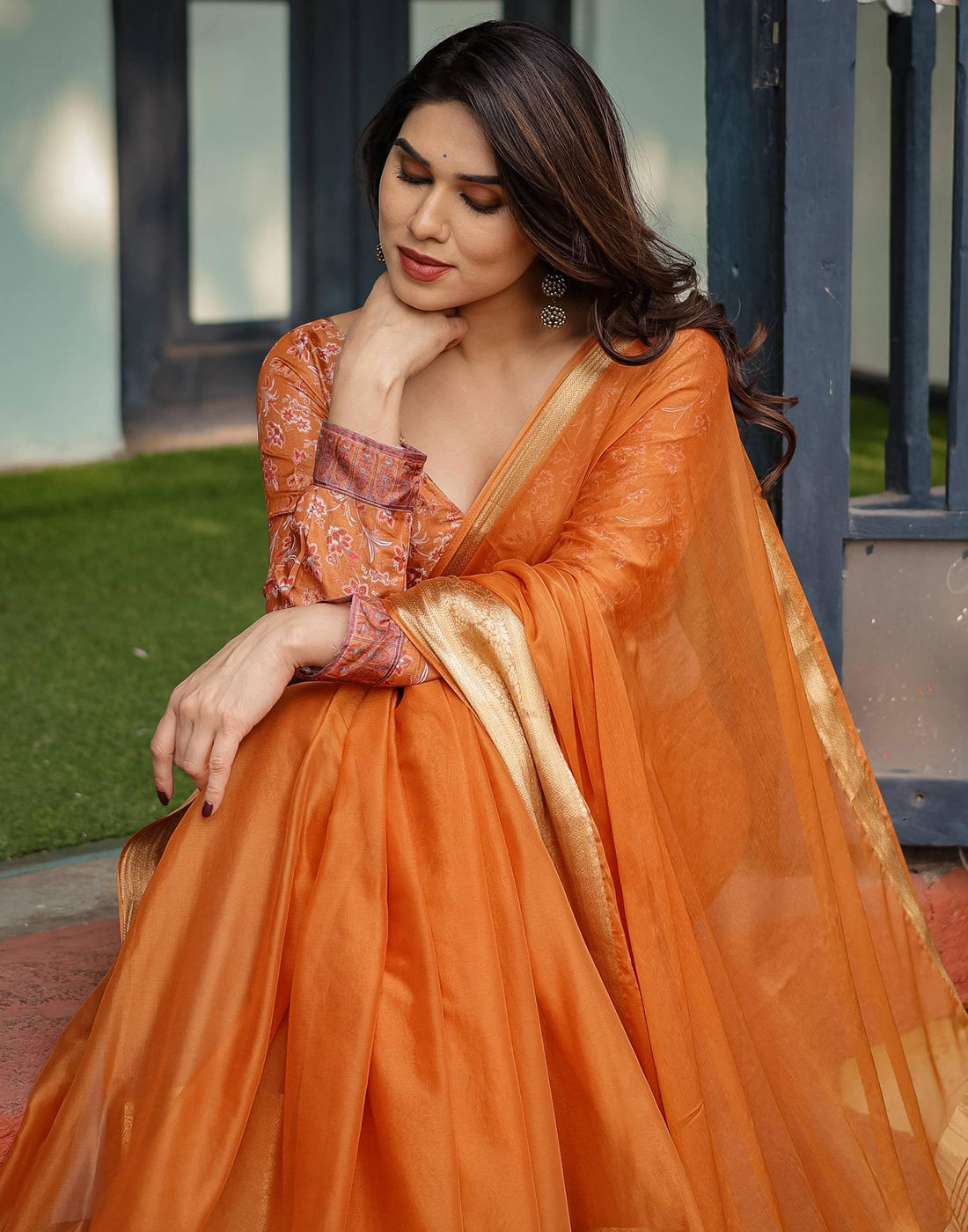 Dark Orange Chiffon Woven Solid Saree