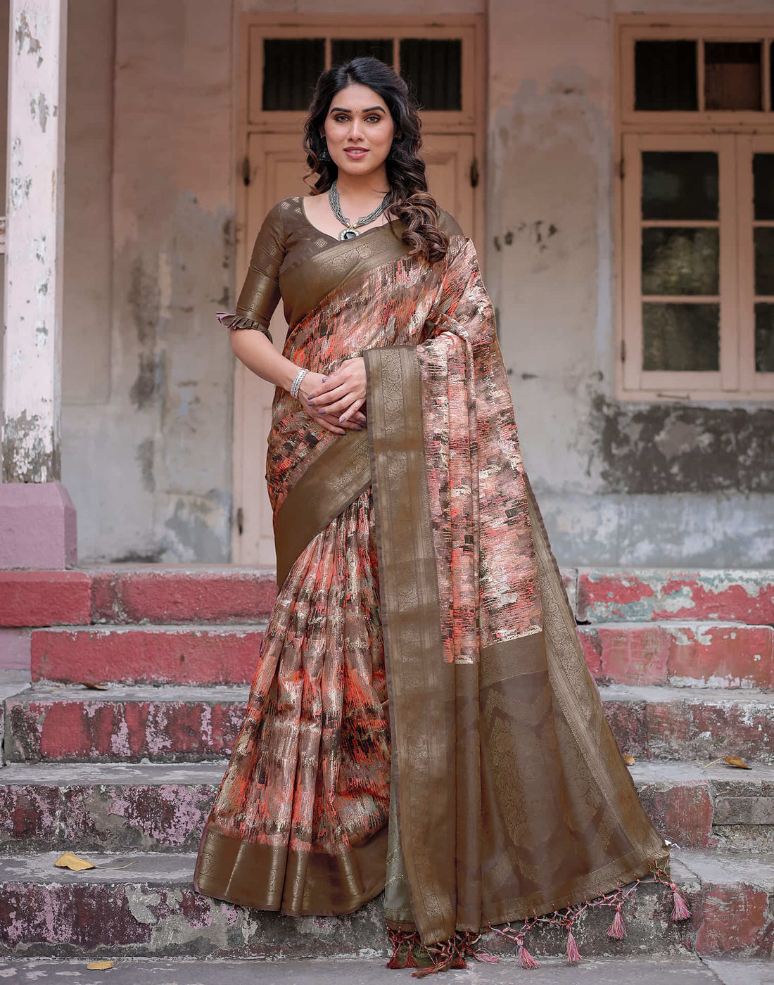 Coffee Brown Silk Printed Saree