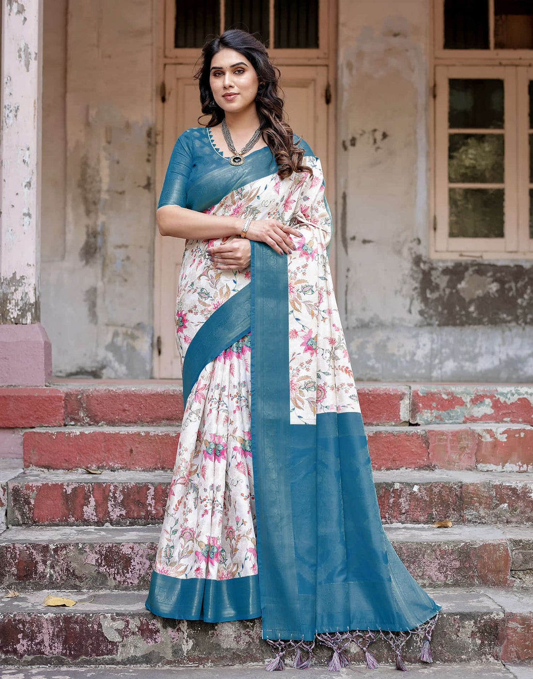 Teal Blue Silk Printed Saree