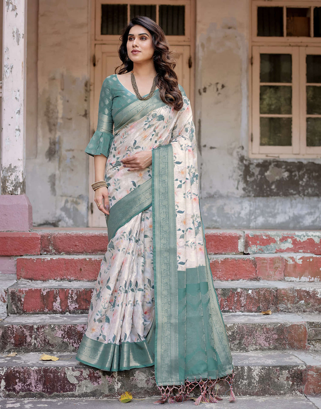 Dusty Blue Silk Printed Saree