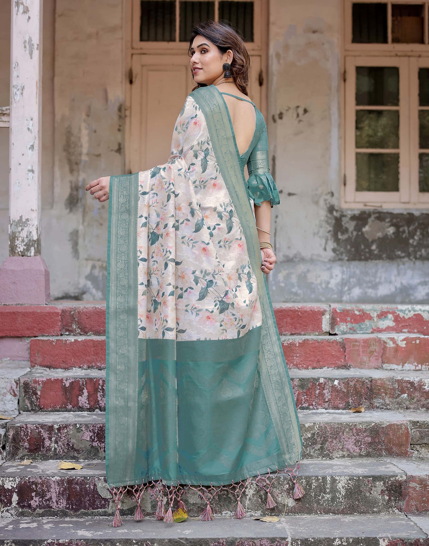 Dusty Blue Silk Printed Saree