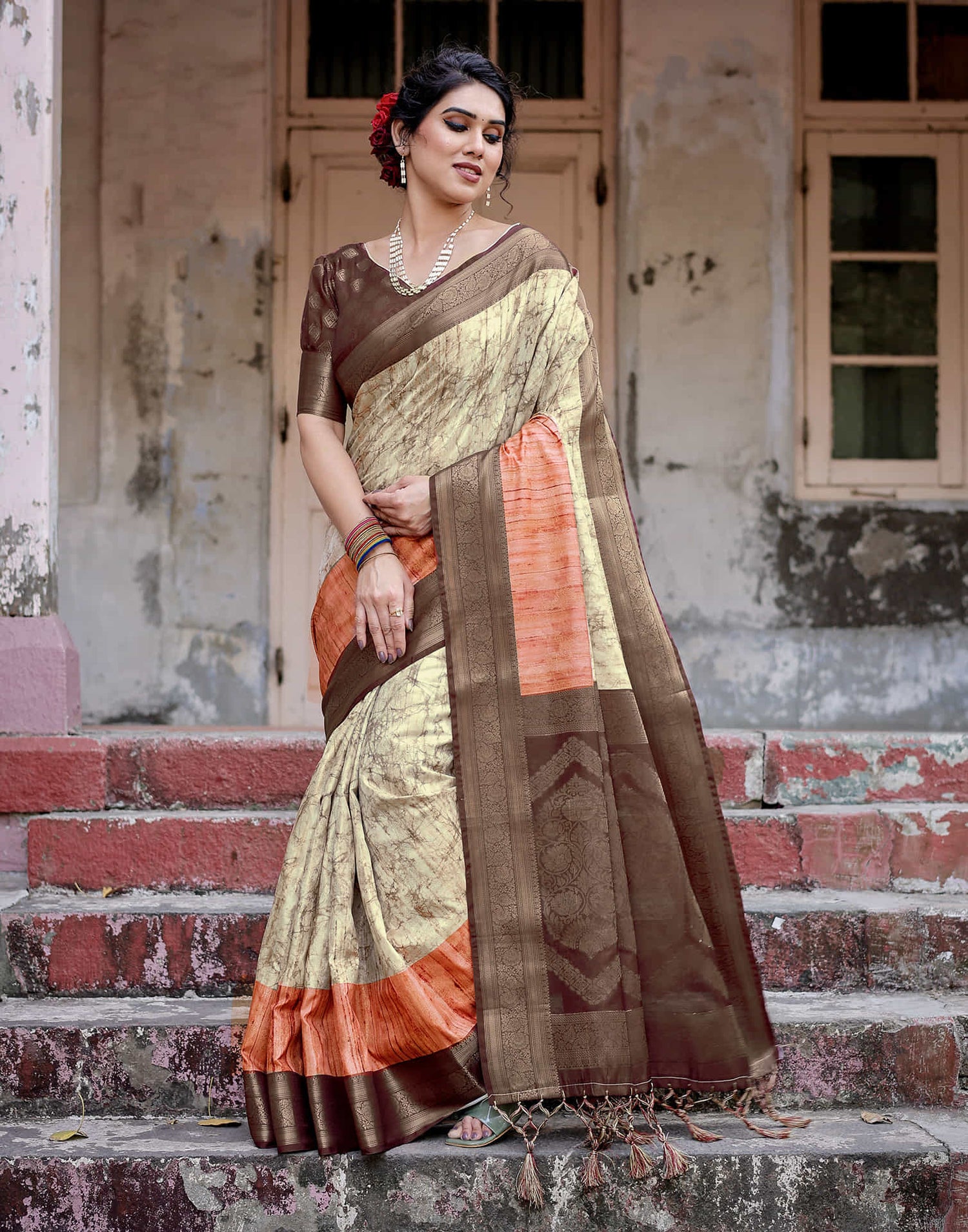 Dark Brown Silk Printed Saree