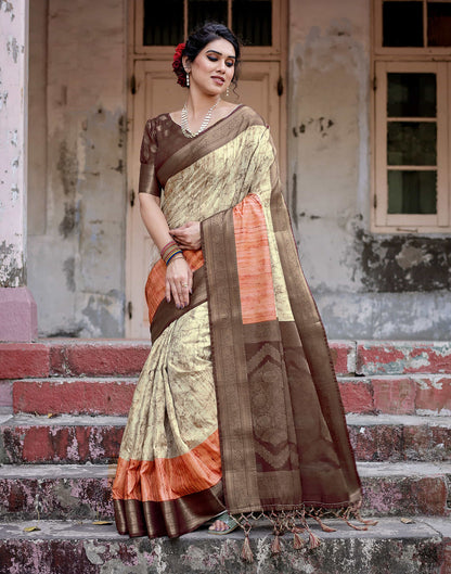 Dark Brown Silk Printed Saree