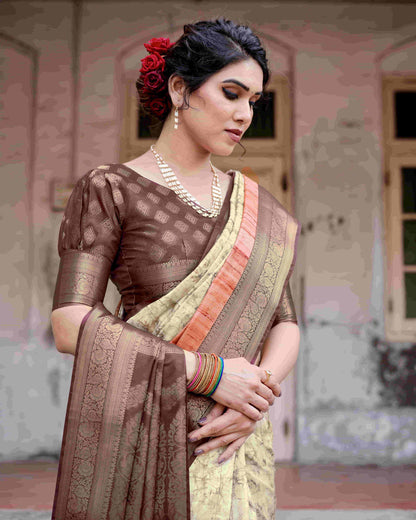Dark Brown Silk Printed Saree