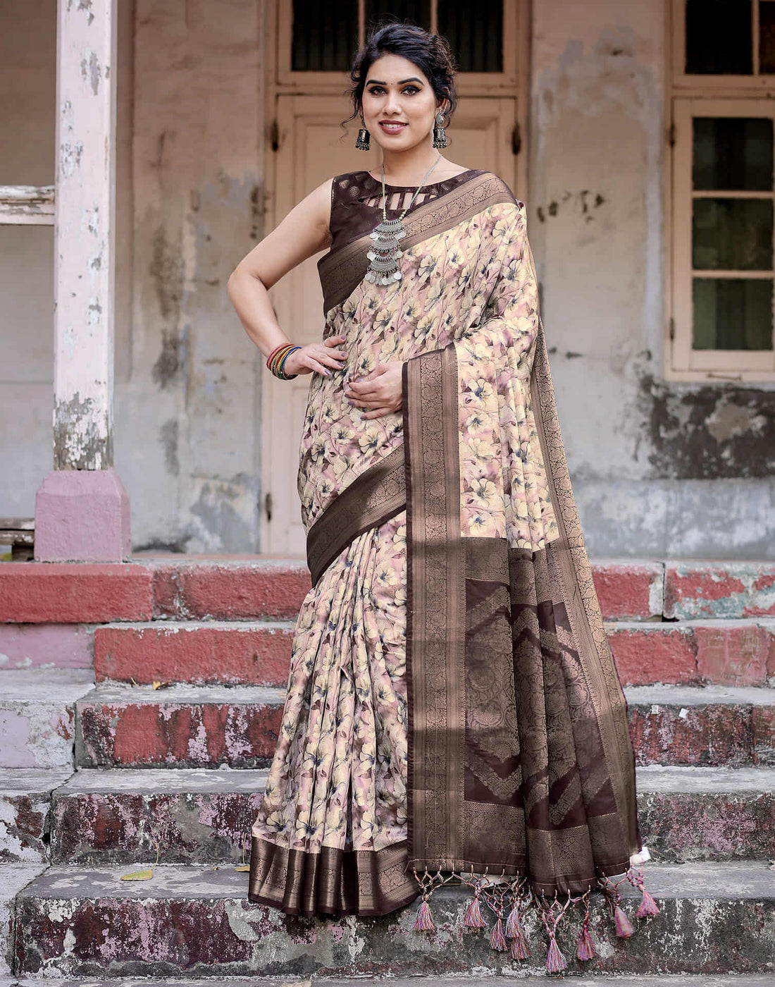 Dark Brown Silk Printed Saree