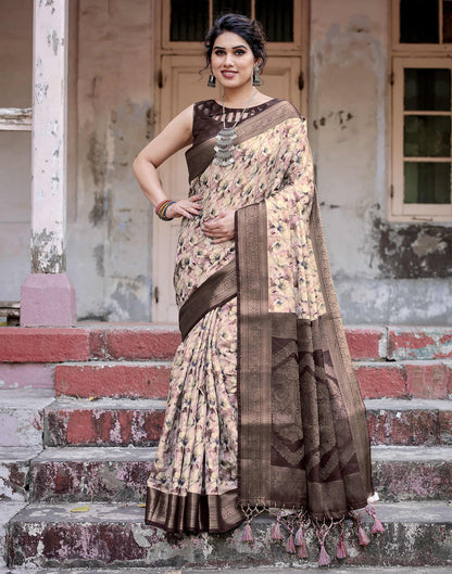Dark Brown Silk Printed Saree