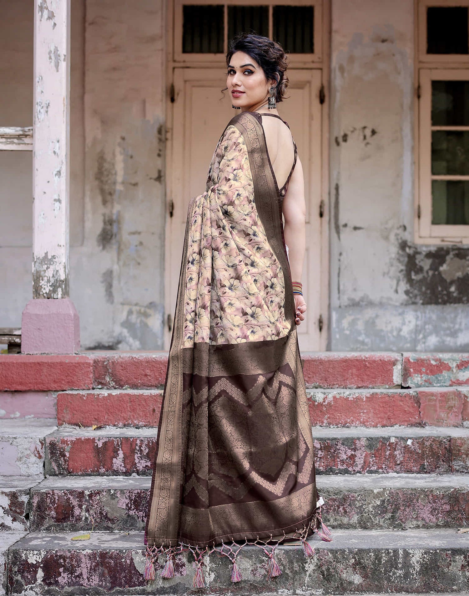 Dark Brown Silk Printed Saree