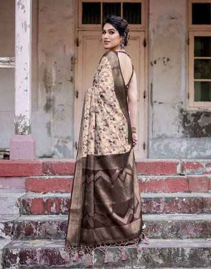 Dark Brown Silk Printed Saree