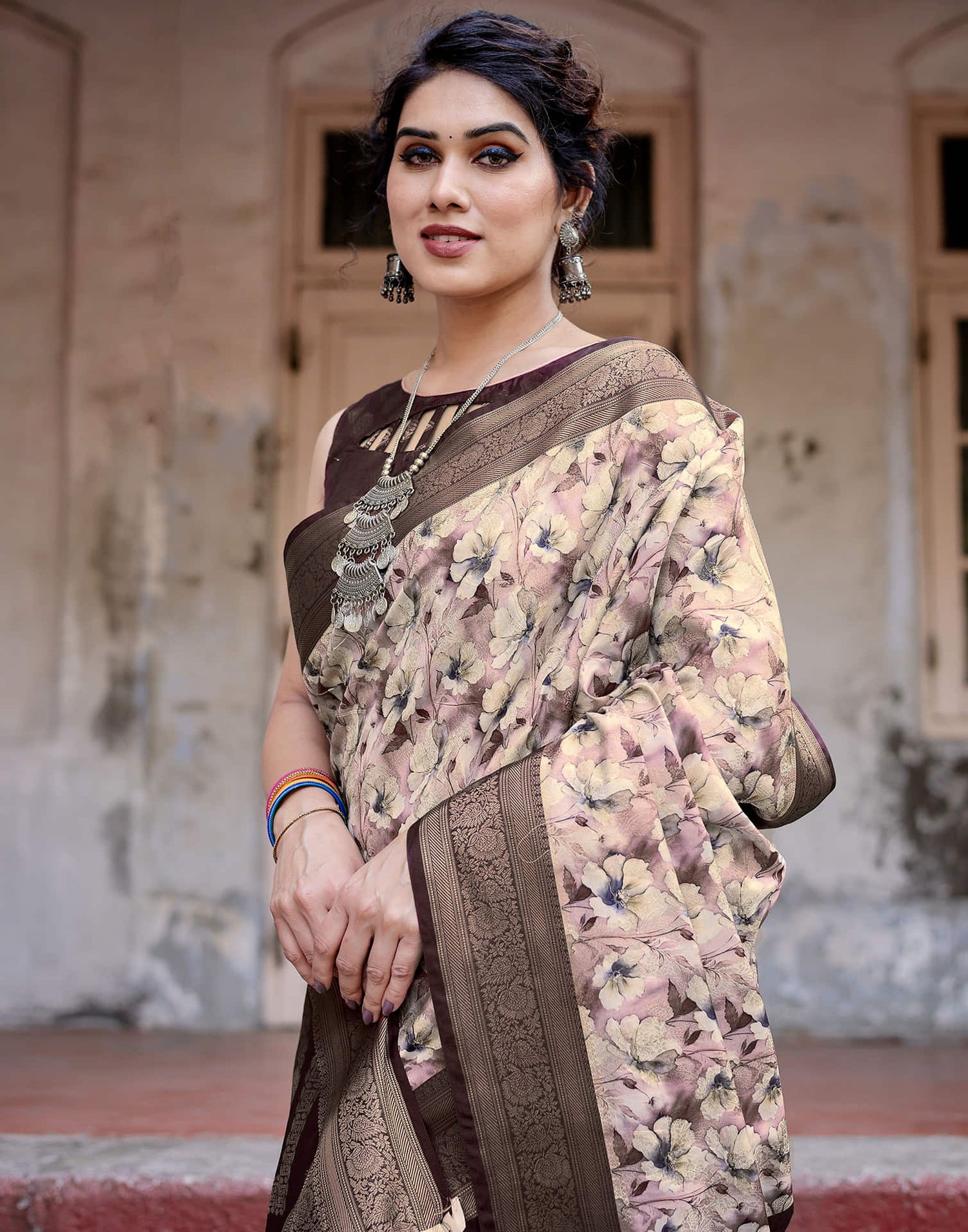 Dark Brown Silk Printed Saree