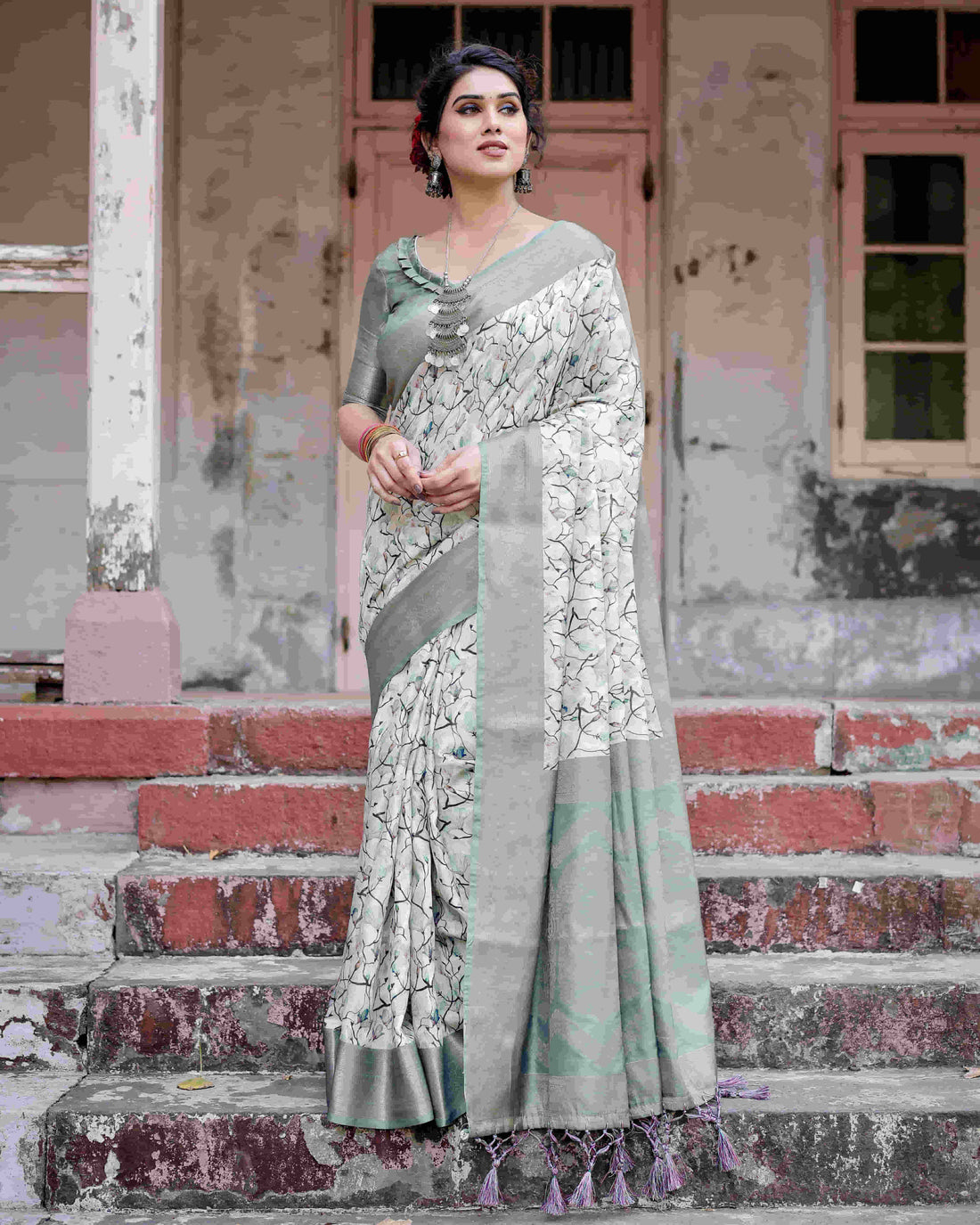 Grey Silk Printed Saree