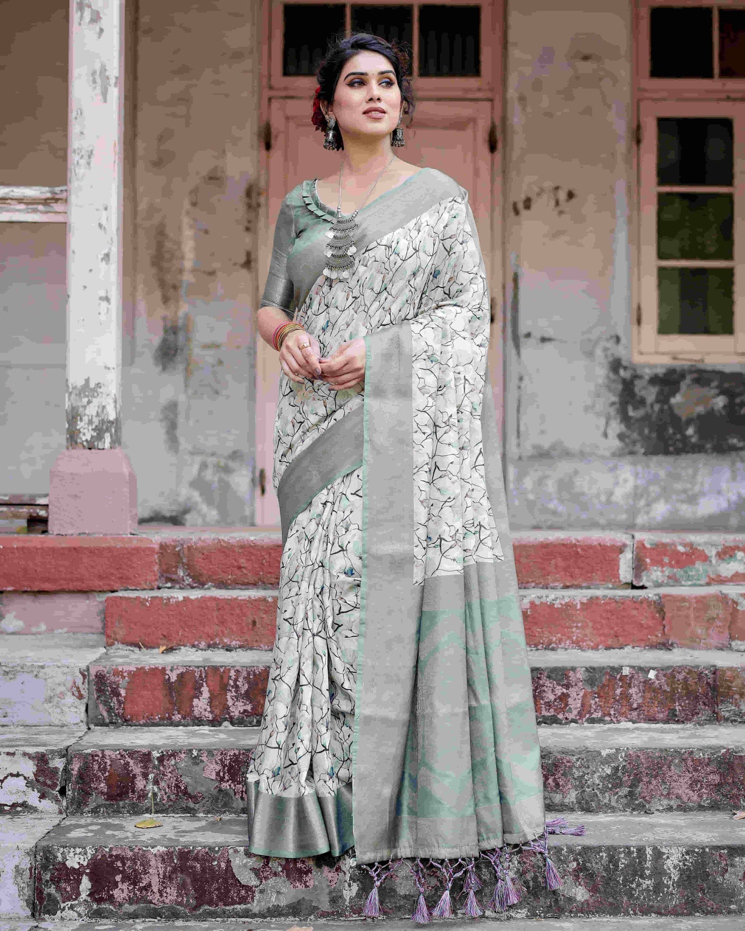 Grey Silk Printed Saree