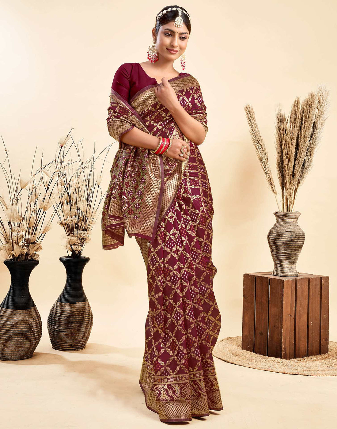 Maroon Silk Woven Banarasi Saree