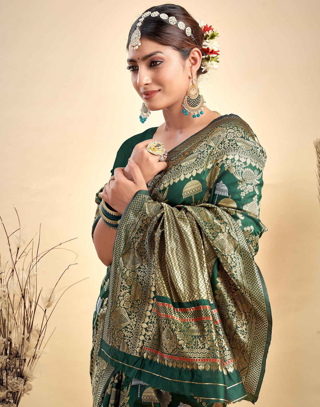 Dark Green Silk Woven Banarasi Saree