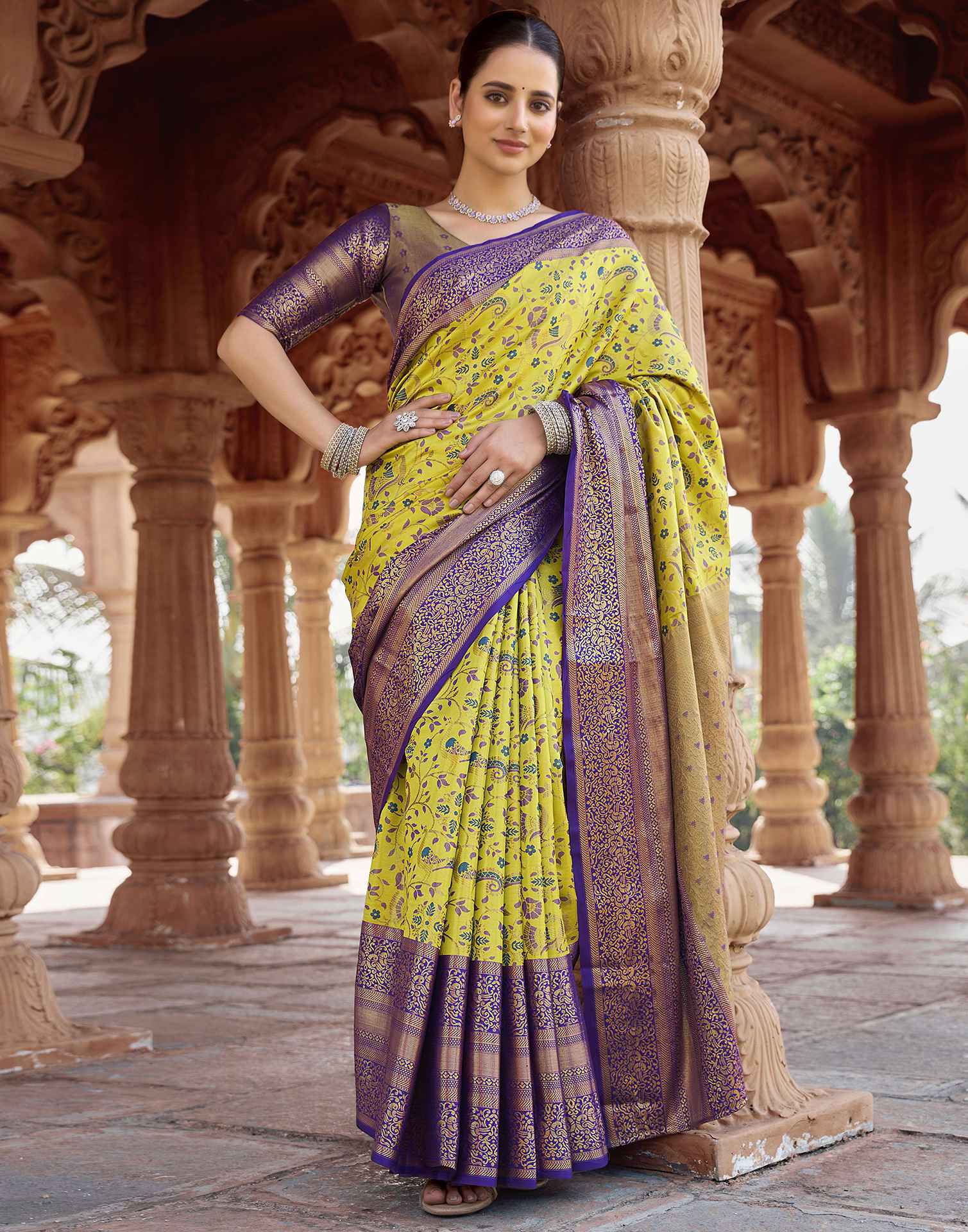 Lime Yellow Silk Woven Kanjivaram Saree
