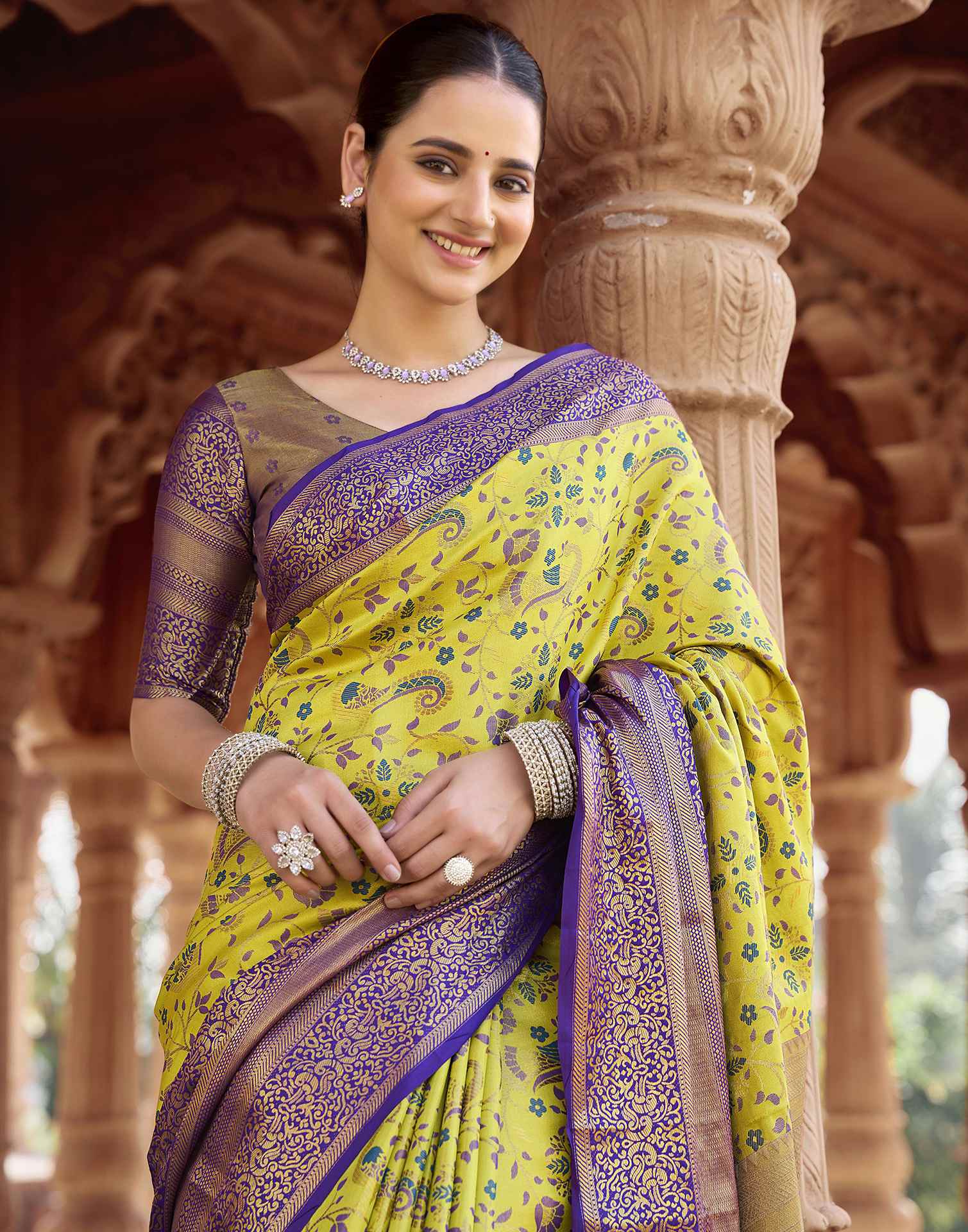Lime Yellow Silk Woven Kanjivaram Saree