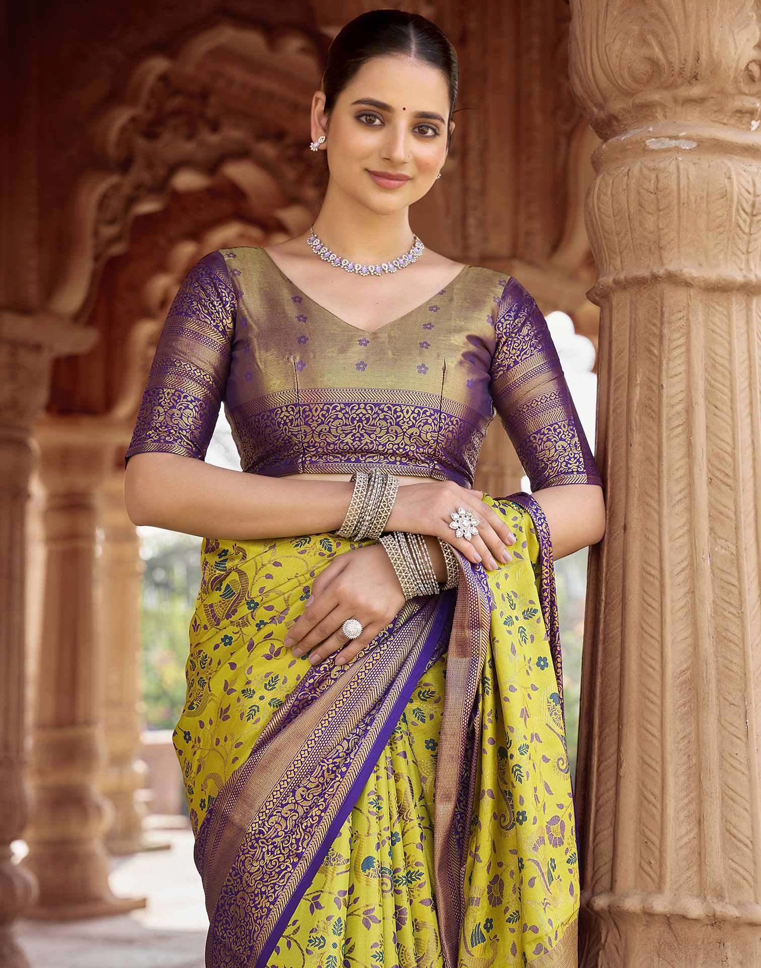 Lime Yellow Silk Woven Kanjivaram Saree