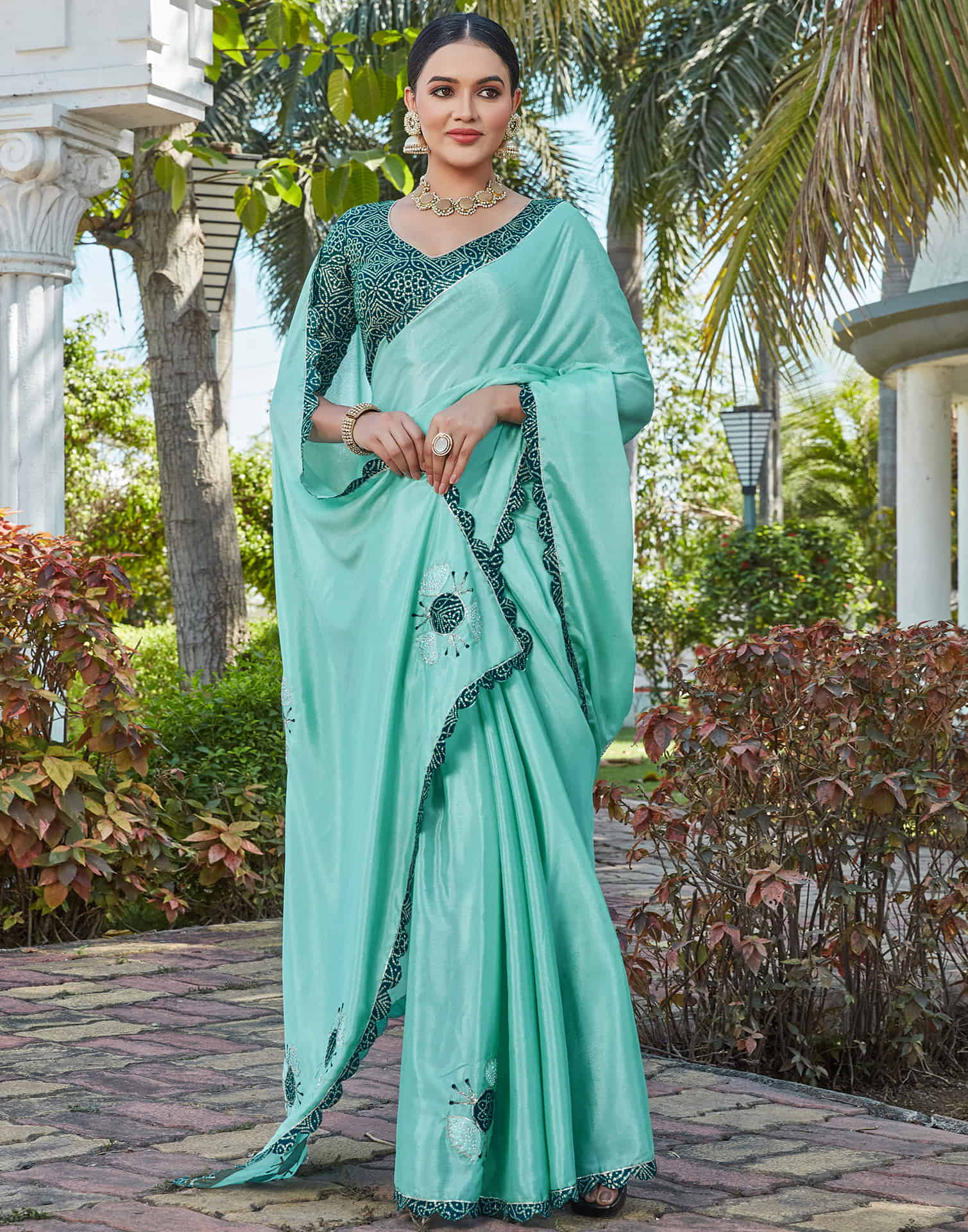 Light Turquoise Chinnon Patch Work Embellished Saree