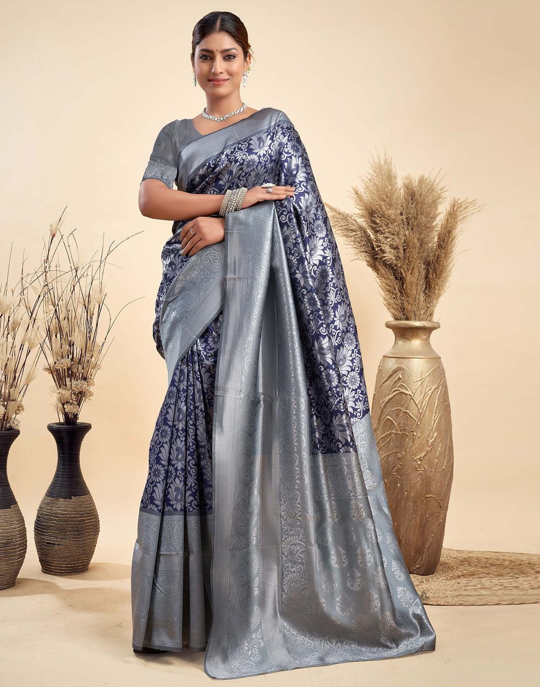 Navy Blue Silk Woven Banarasi Saree