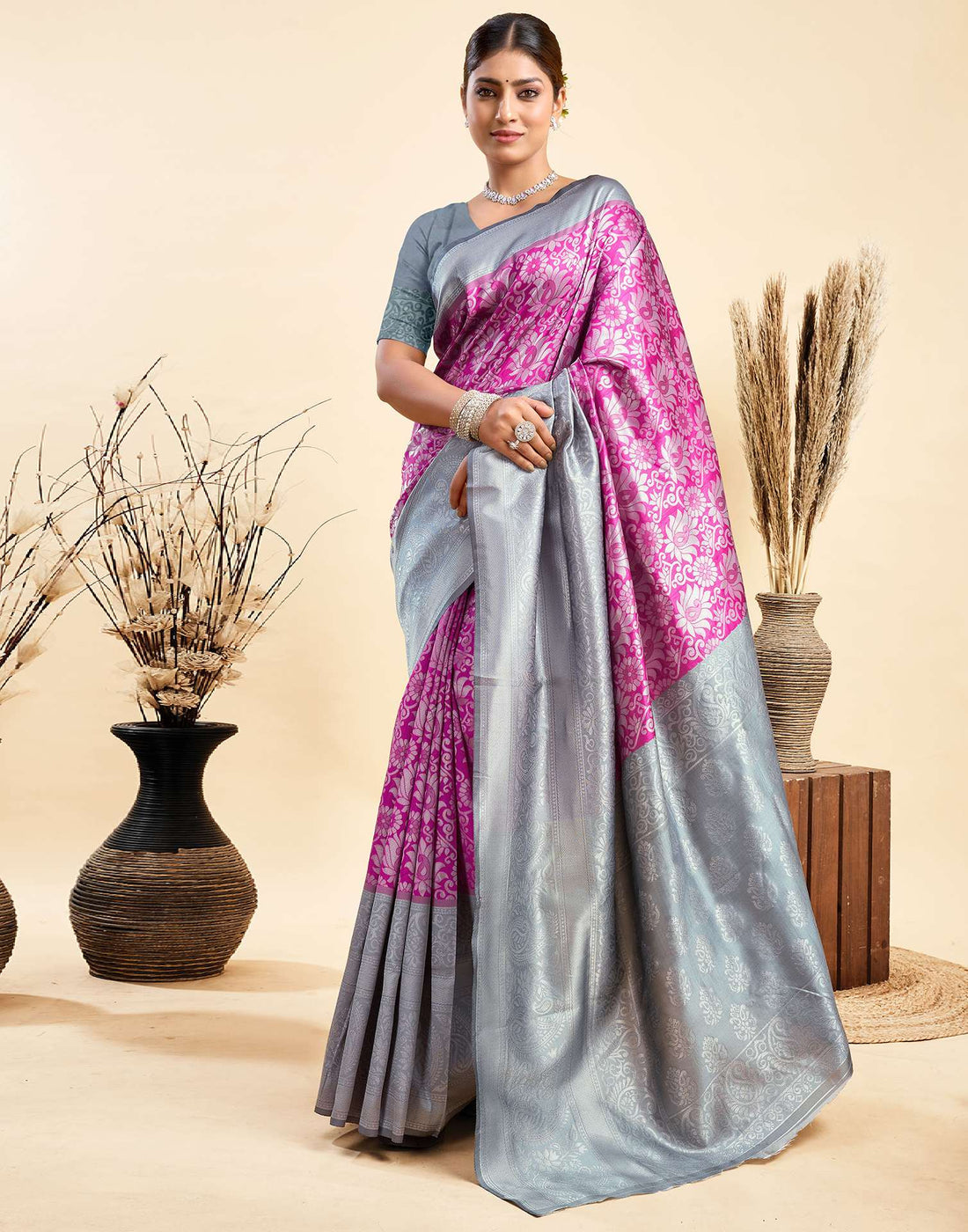 Magenta Silk Woven Banarasi Saree