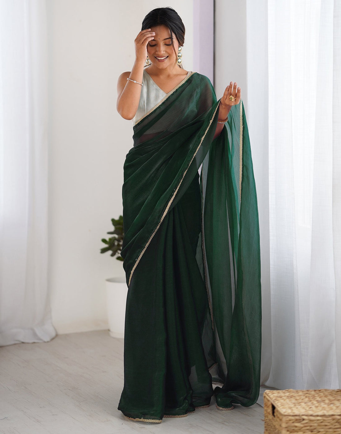 Dark Green Shimmer Chiffon Lace Solid Saree