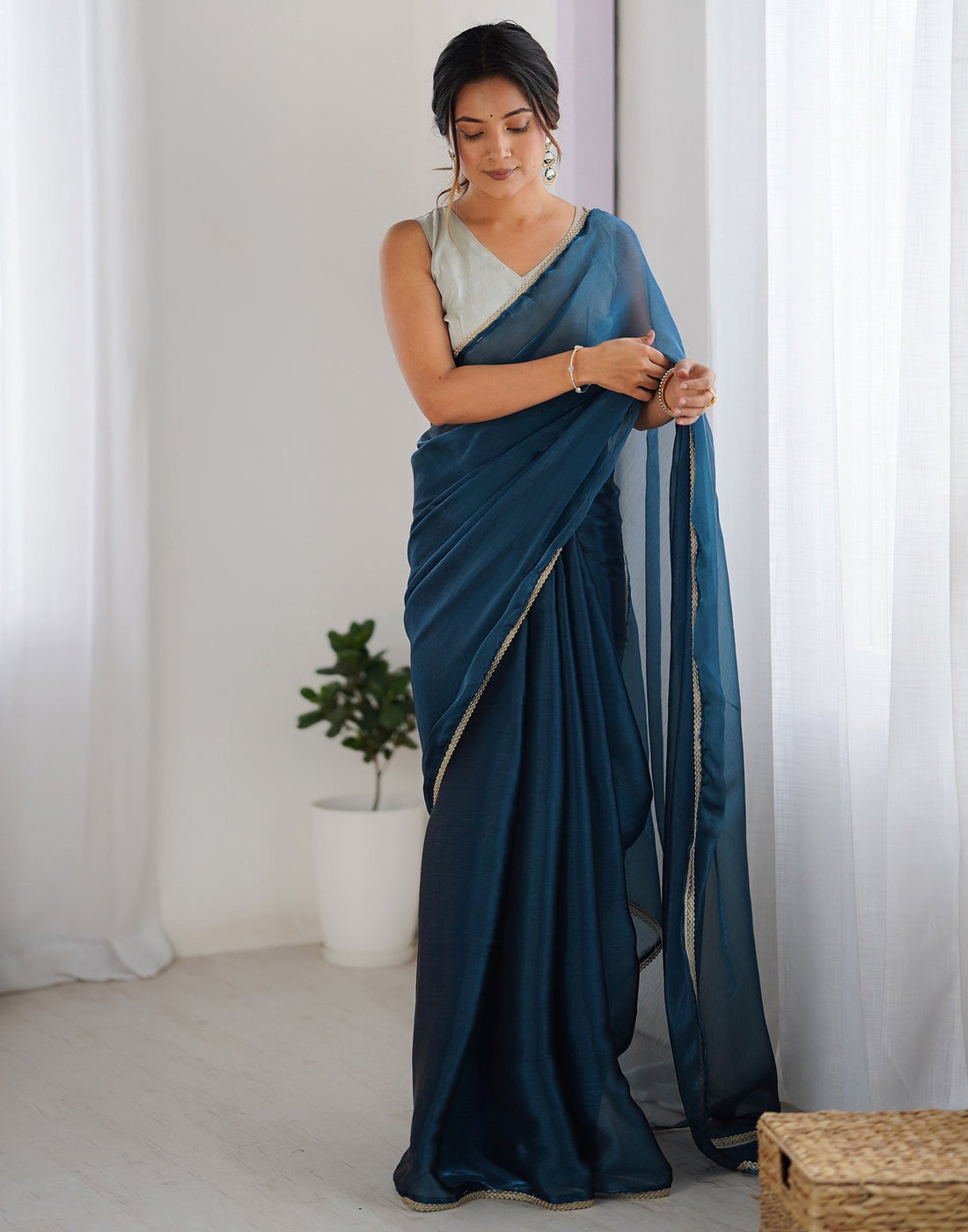 Rama Blue Shimmer Chiffon Lace Solid Saree