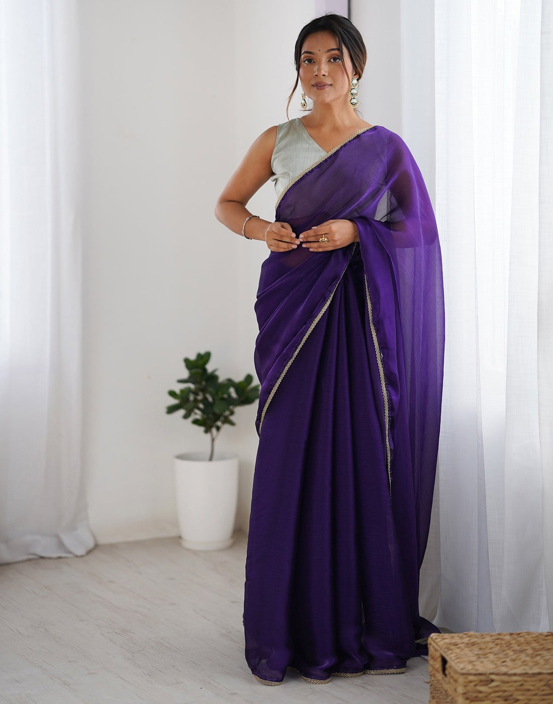 Purple Shimmer Chiffon Lace Solid Saree