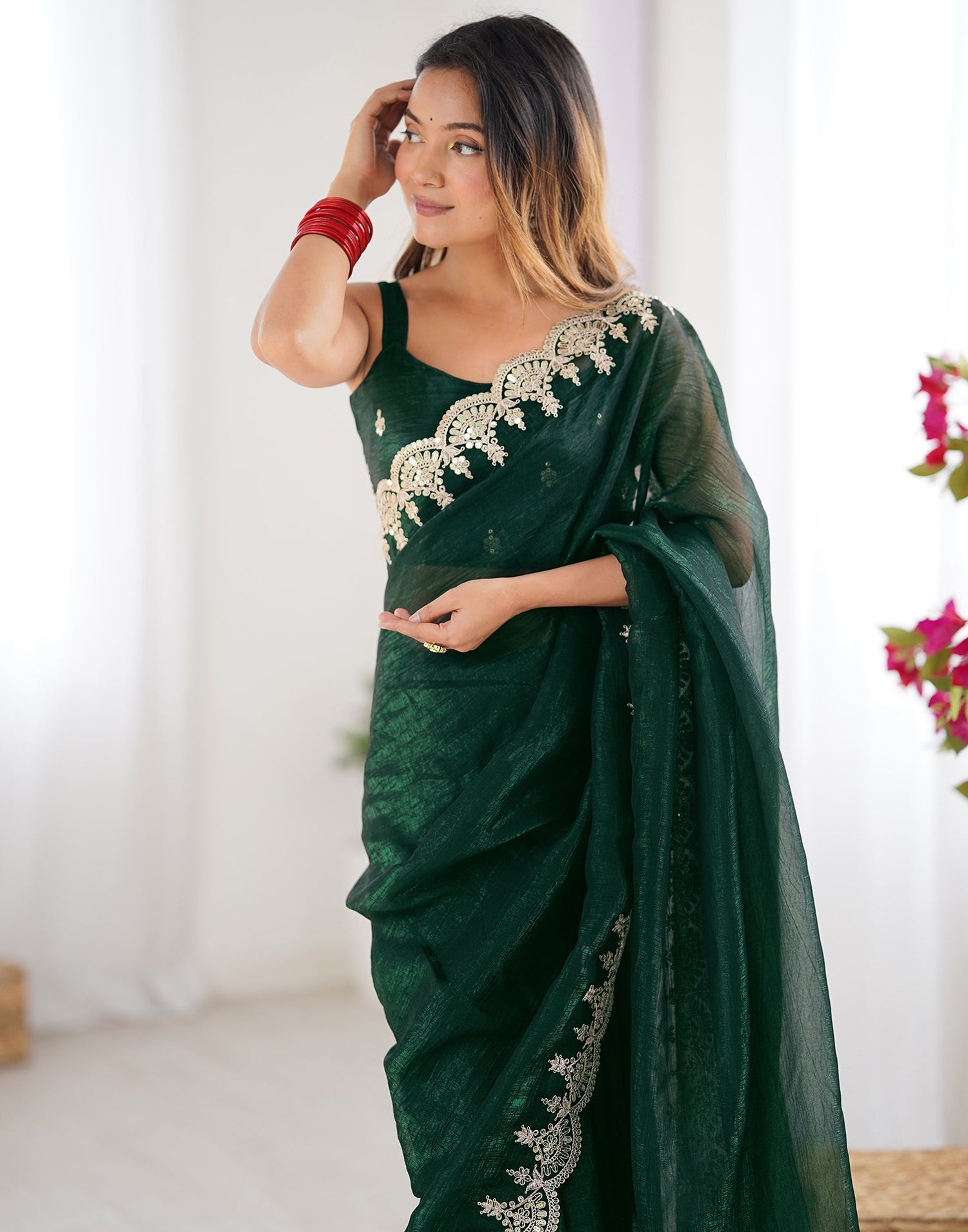 Dark Green Shimmer Chiffon Sequence Embroidery Saree