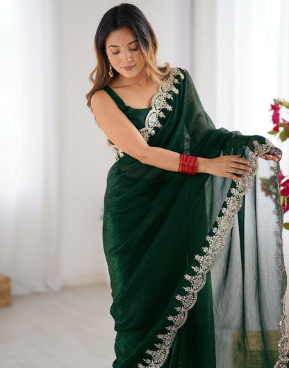 Dark Green Shimmer Chiffon Sequence Embroidery Saree