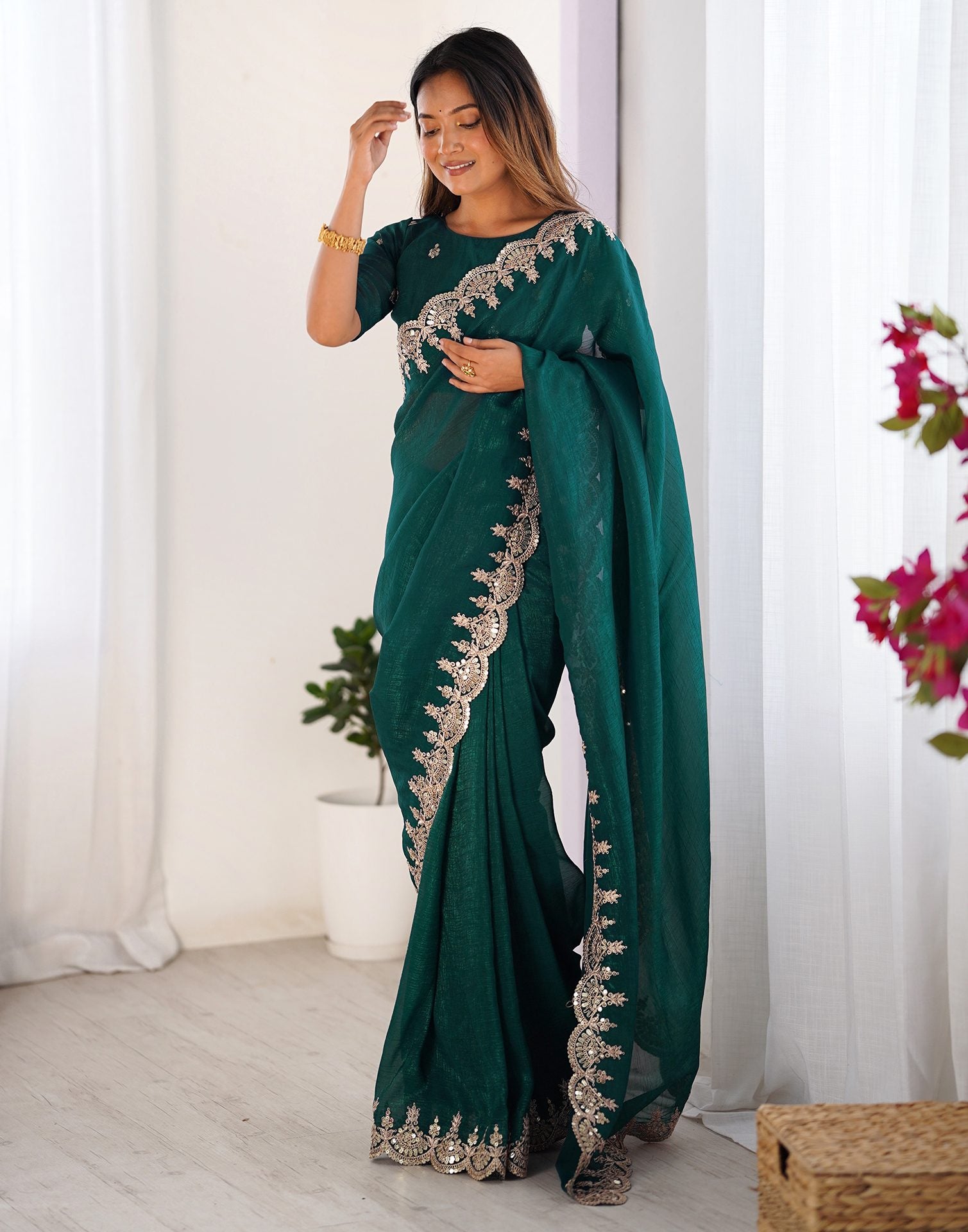 Teal Green Shimmer Chiffon Sequence Embroidery Saree