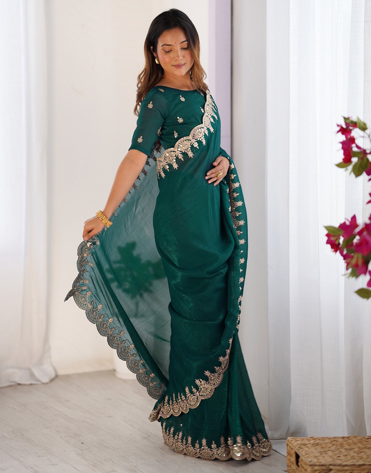 Teal Green Shimmer Chiffon Sequence Embroidery Saree