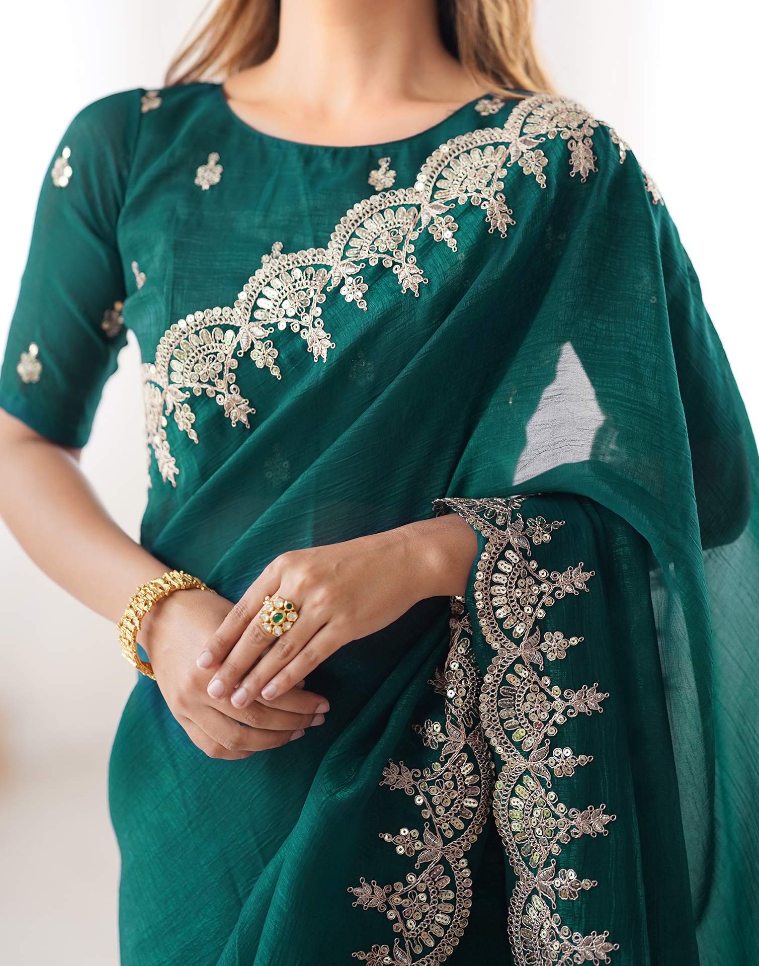 Teal Green Shimmer Chiffon Sequence Embroidery Saree