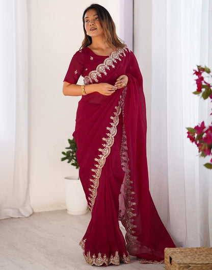 Red Shimmer Chiffon Sequence Embroidery Saree