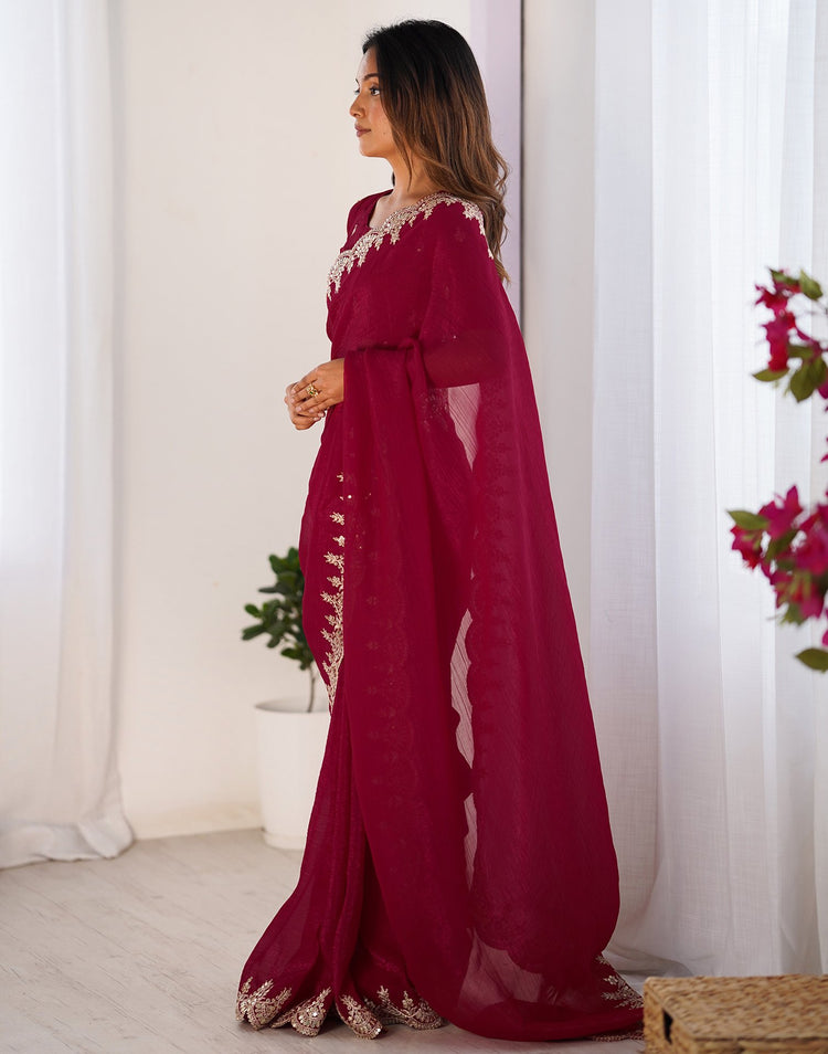 Red Shimmer Chiffon Sequence Embroidery Saree