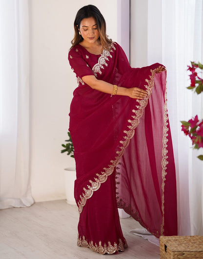 Red Shimmer Chiffon Sequence Embroidery Saree
