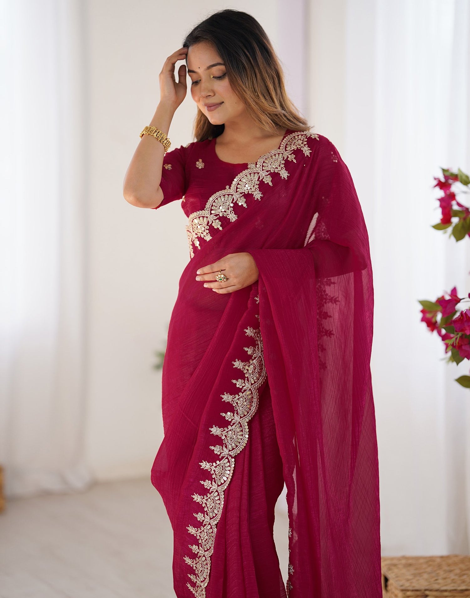 Red Shimmer Chiffon Sequence Embroidery Saree