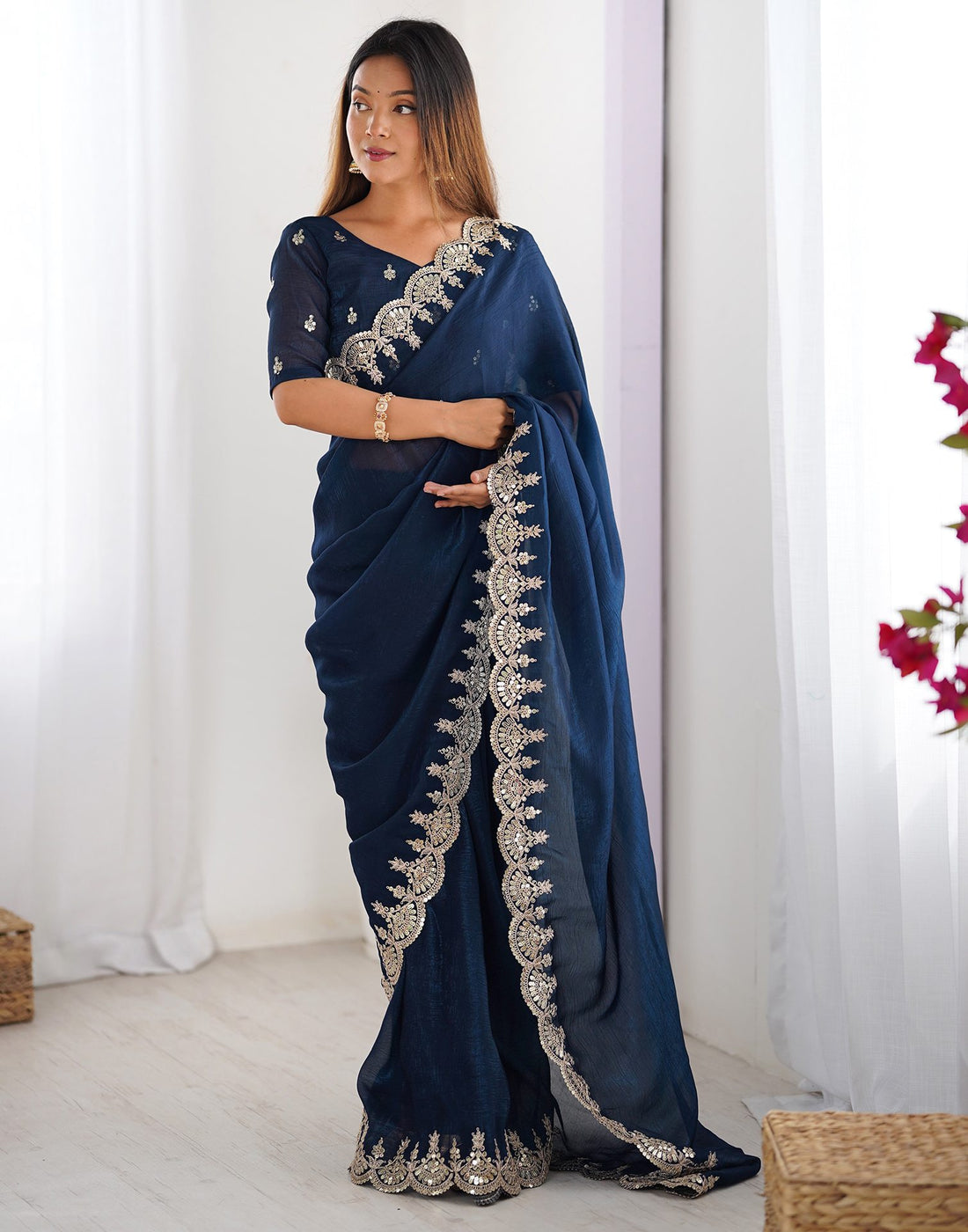 Rama Blue Shimmer Chiffon Sequence Embroidery Saree