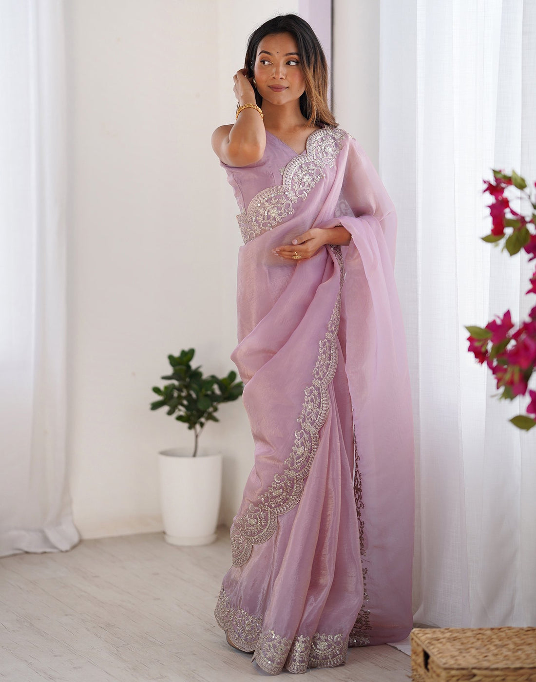 Dusty Pink Tissue Silk Sequence Embroidery Saree