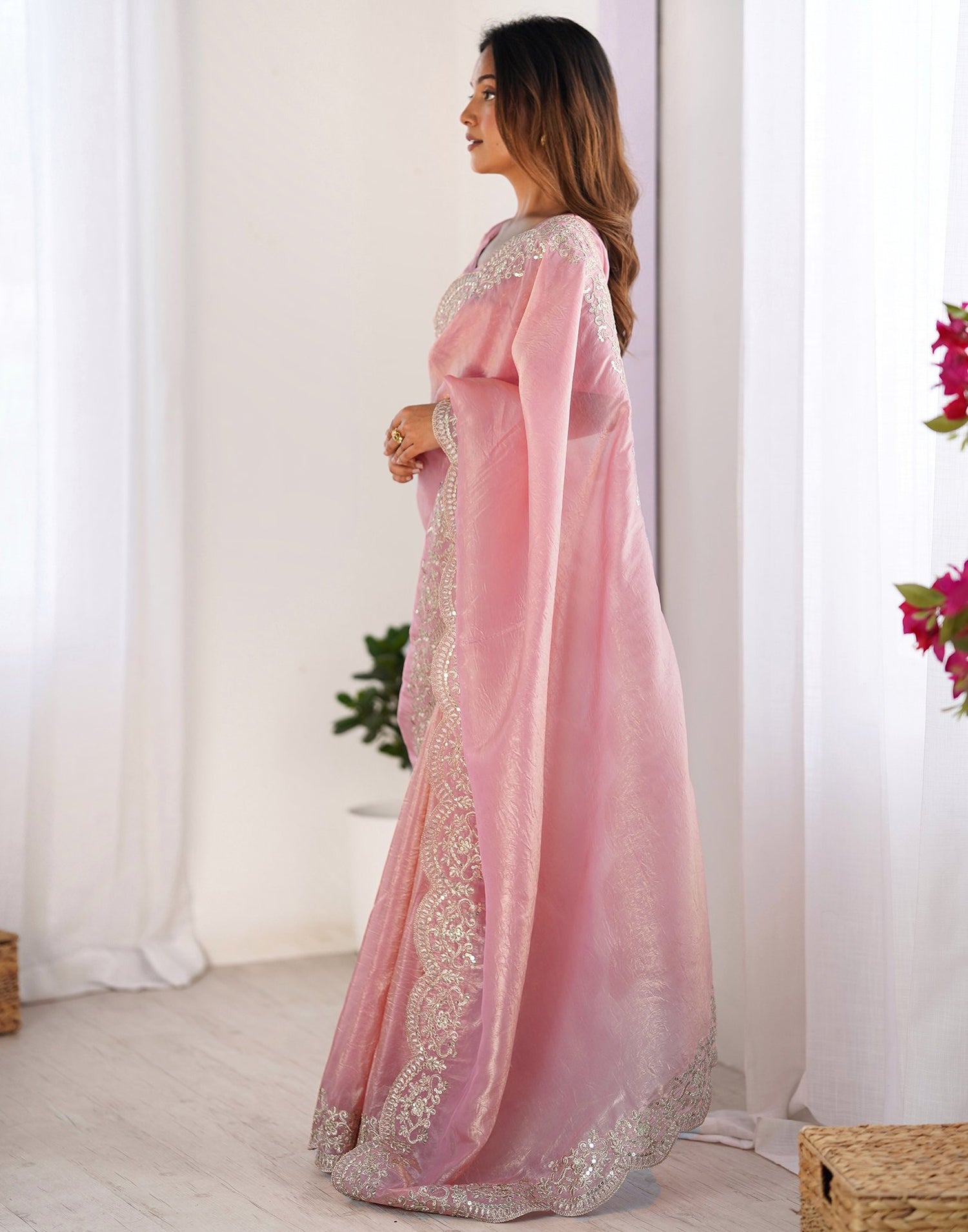 Rose Pink Tissue Silk Sequence Embroidery Saree