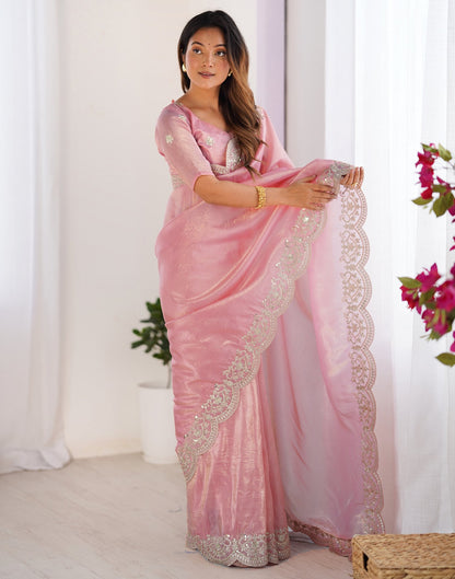 Rose Pink Tissue Silk Sequence Embroidery Saree