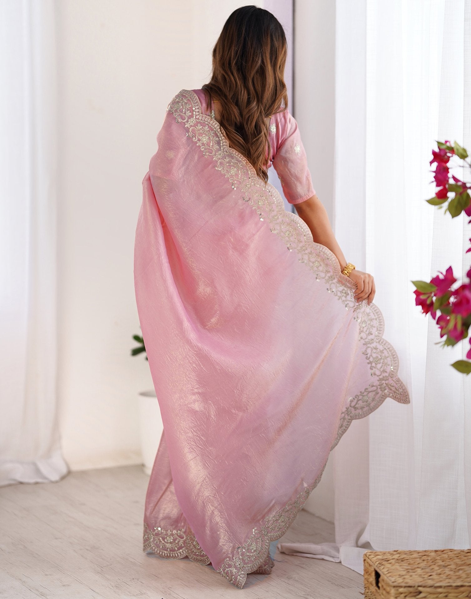 Rose Pink Tissue Silk Sequence Embroidery Saree