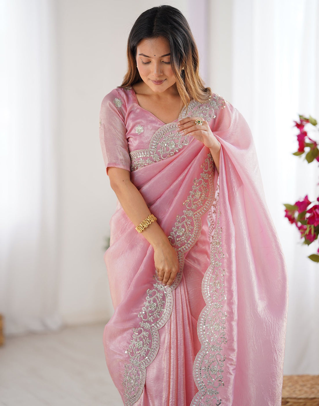 Rose Pink Tissue Silk Sequence Embroidery Saree